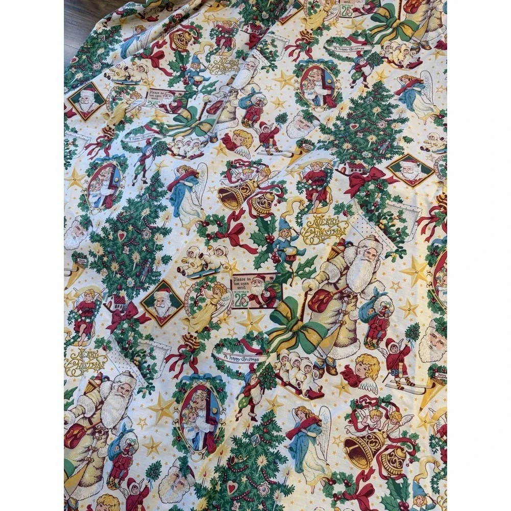 Vintage Christmas Flat Sheet King Size 103x101 Santa Angels Holiday Bedding